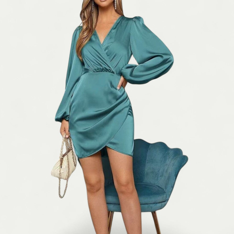 Satin Wrap Mini Dress with Long Balloon Sleeves