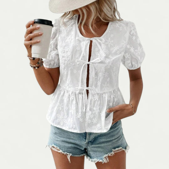 Embroidered Tie Front Puff Sleeve Blouse