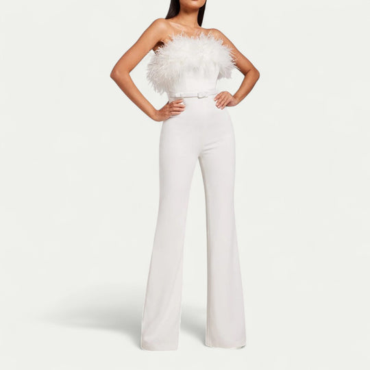 Feather Trim Bandeau Jumpsuit for Modern Evening Glamour