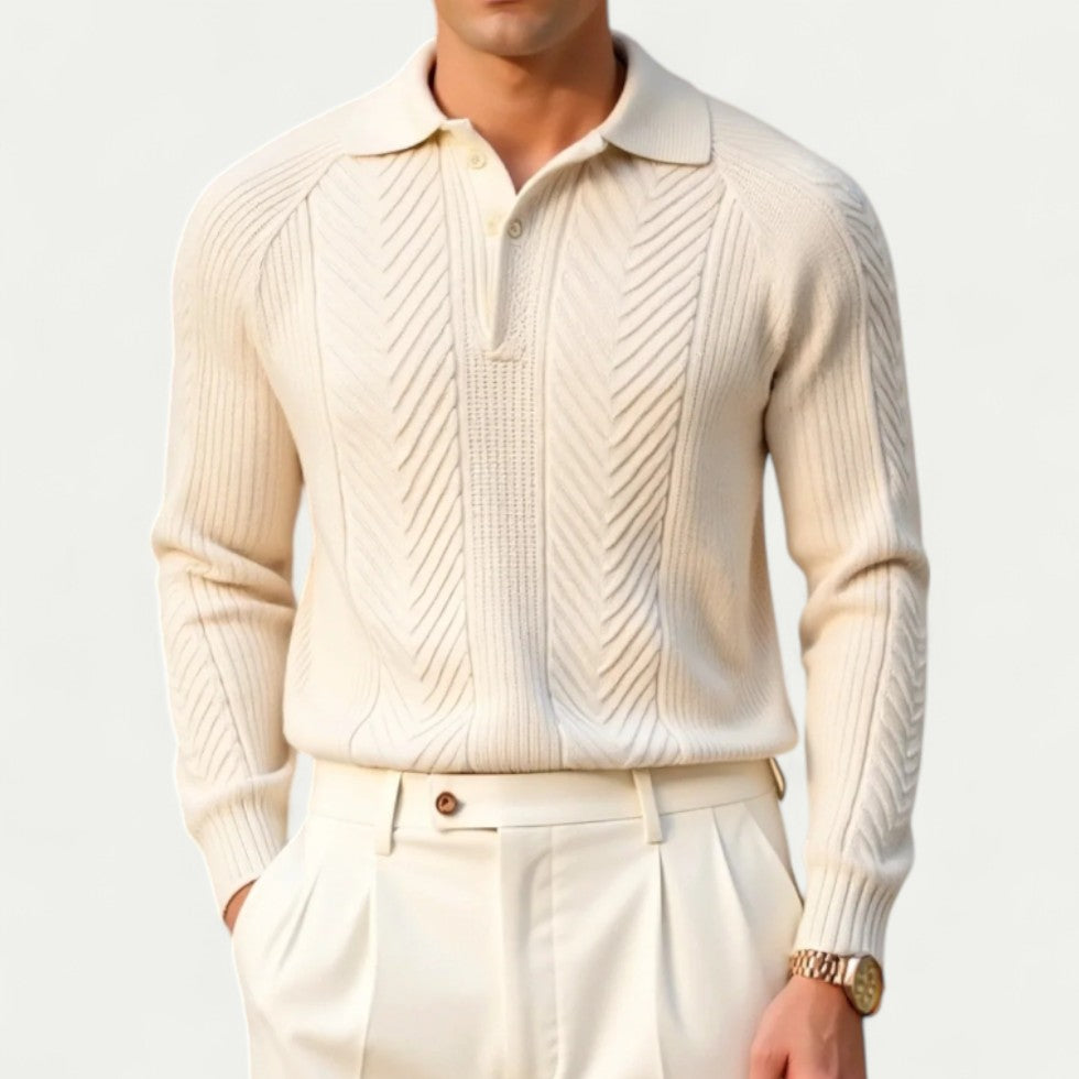 Cable Knit Long Sleeve Polo Shirt for Men Smart Casual Fit