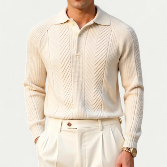 Cable Knit Long Sleeve Polo Shirt for Men Smart Casual Fit