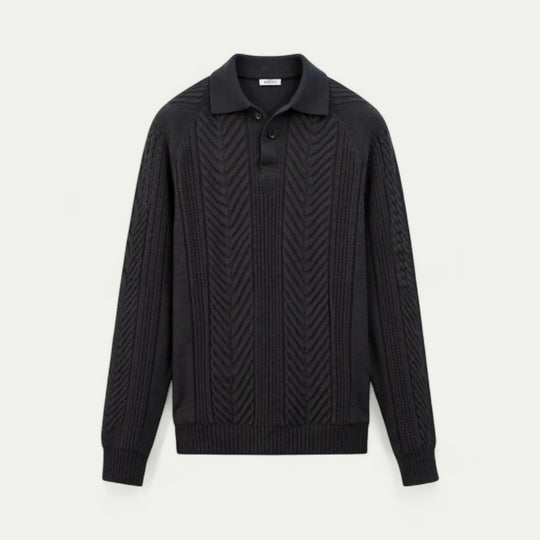 Cable Knit Long Sleeve Polo Shirt for Men Smart Casual Fit