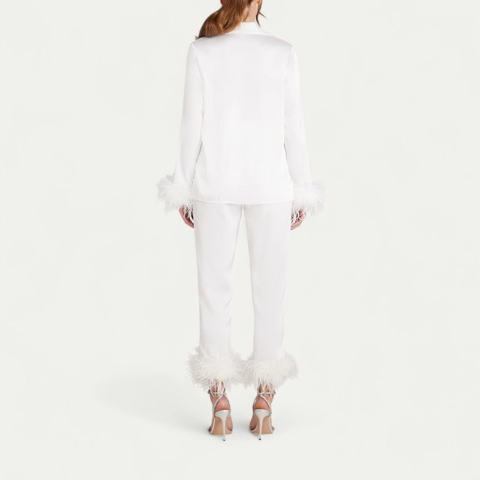Feather Trim Satin Pyjama Set for Luxe Lounge Moments