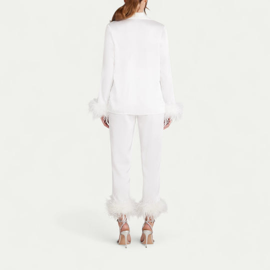 Feather Trim Satin Pyjama Set for Luxe Lounge Moments