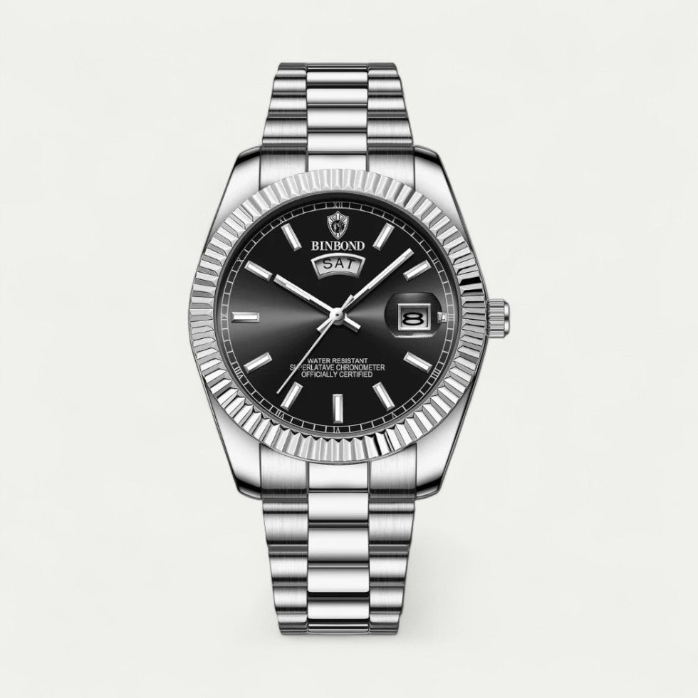 Luxury Stainless Steel Watch with Date and Day Display