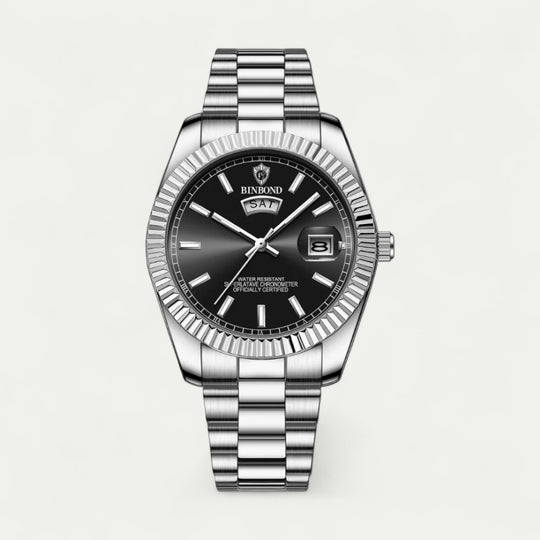 Luxury Stainless Steel Watch with Date and Day Display