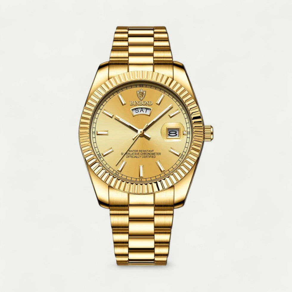 Luxury Stainless Steel Watch with Date and Day Display