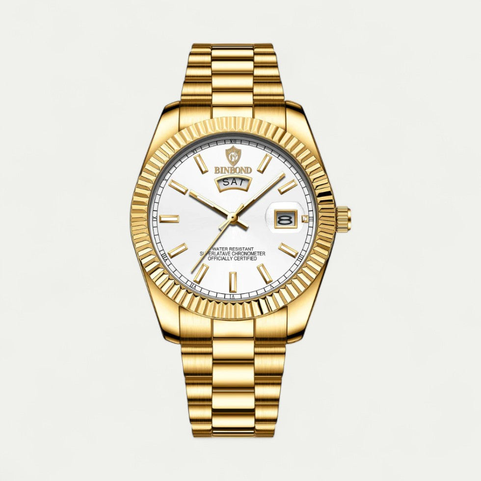 Luxury Stainless Steel Watch with Date and Day Display