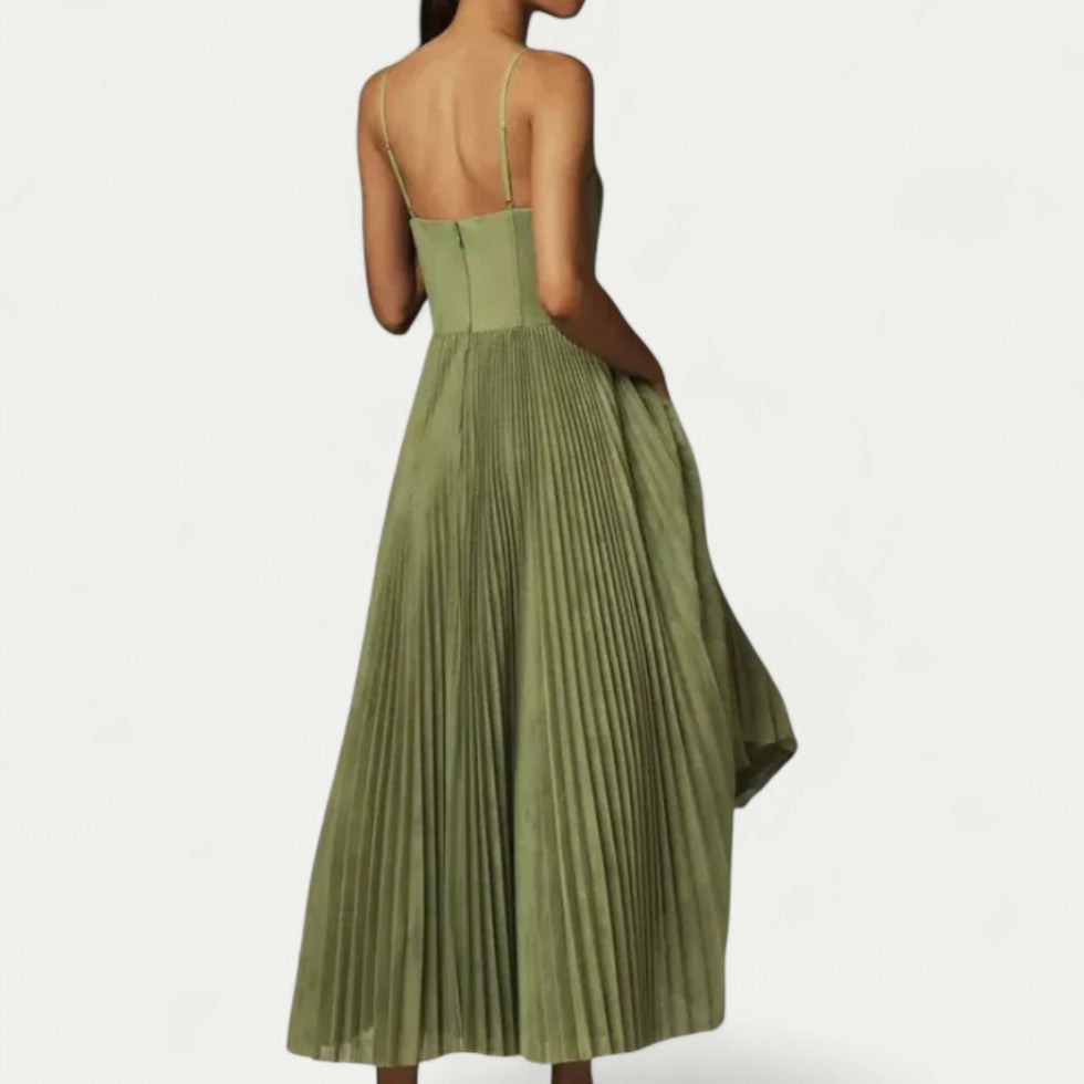 Pleated Tulle Corset Midi Dress for Elegant Evenings