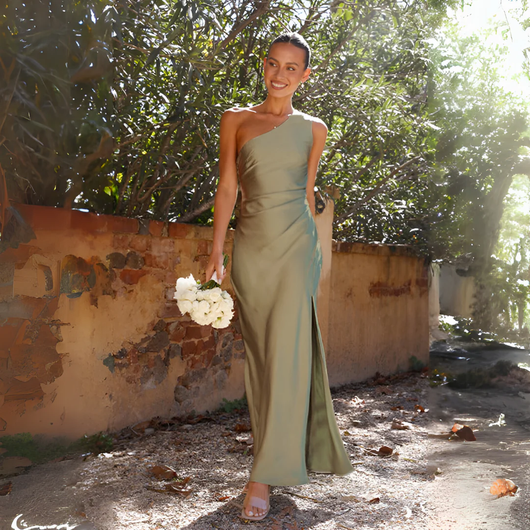 One Shoulder Satin Maxi Dress with Side Split
