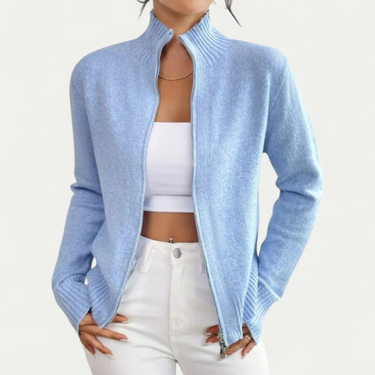 Cotton Blend Zip Up Ribbed Knit Cardigan for Smart Casual Layers