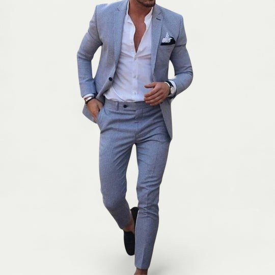 Men Linen Cotton Suit Two Piece Set Casual Smart Jacket Pants