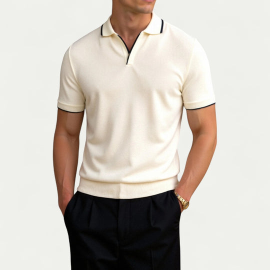 Cotton Blend Knitted Polo Shirt with Contrast Collar Detail