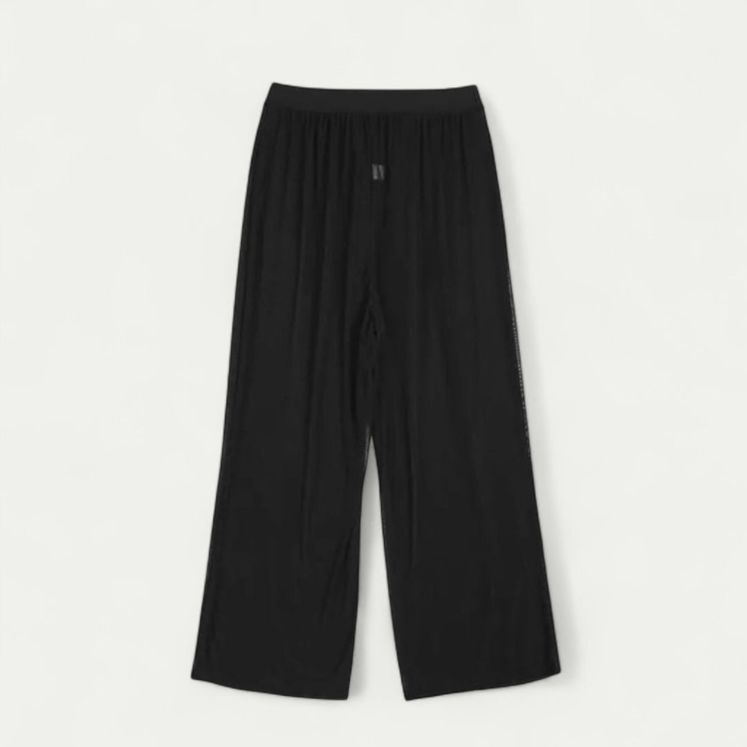 Women Mesh See Through Wide Leg Stretch Pants Black