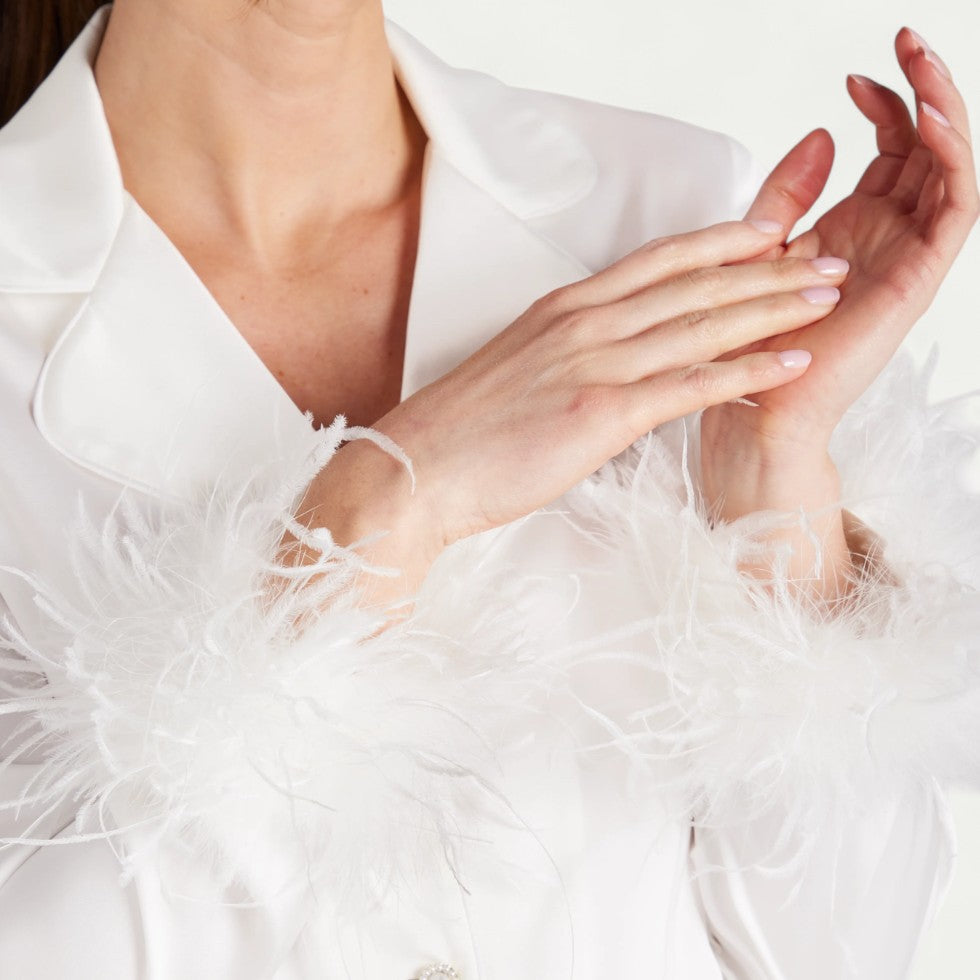 Feather Trim Satin Pyjama Set for Luxe Lounge Moments