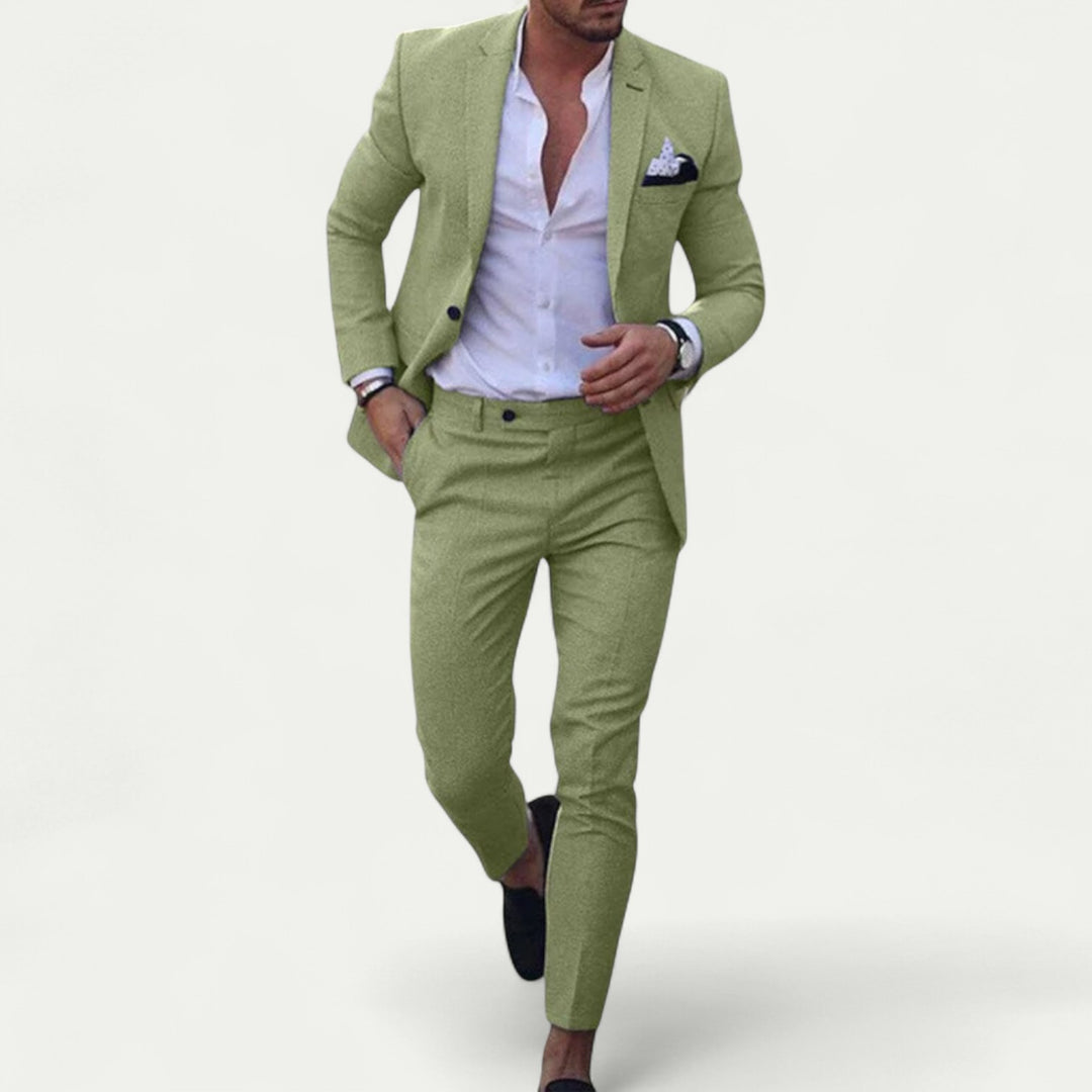 Men Linen Cotton Suit Two Piece Set Casual Smart Jacket Pants