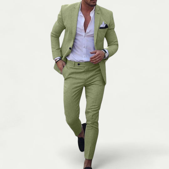 Men Linen Cotton Suit Two Piece Set Casual Smart Jacket Pants