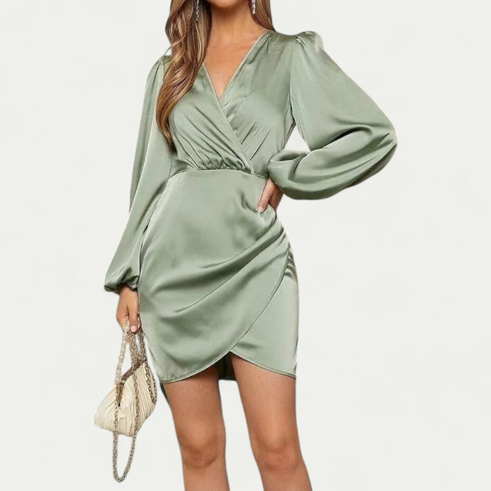 Satin Wrap Mini Dress with Long Balloon Sleeves