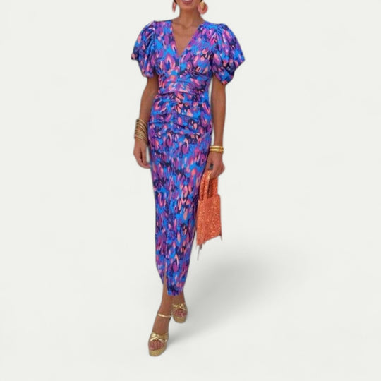 Ruched Puff Sleeve Midi Dress for Summer Weddings