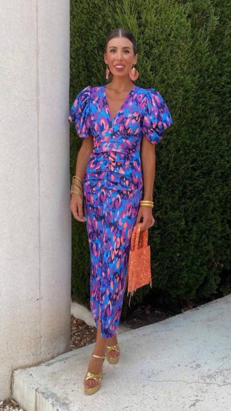 Ruched Puff Sleeve Midi Dress for Summer Weddings