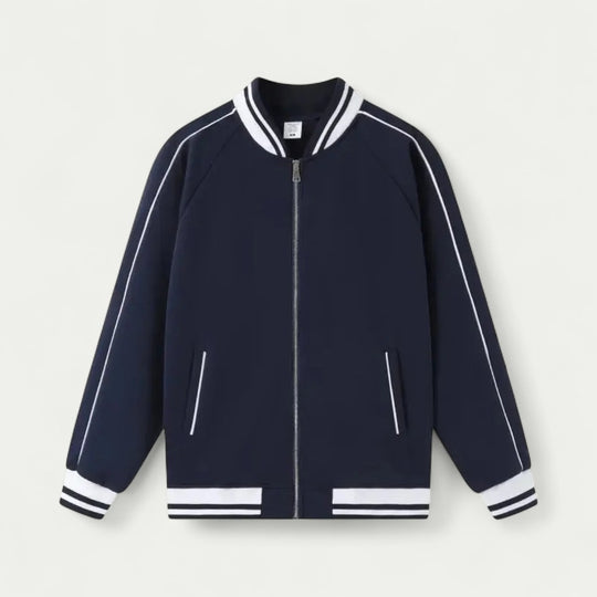 Cotton Blend Varsity Bomber Jacket with Striped Trim Detailing