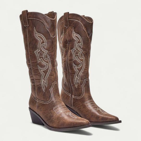 Women Leather Western Calf High Pointed Toe Boots