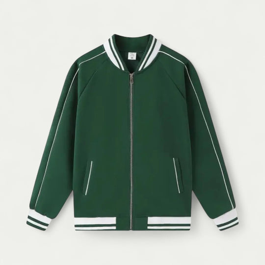 Cotton Blend Varsity Bomber Jacket with Striped Trim Detailing