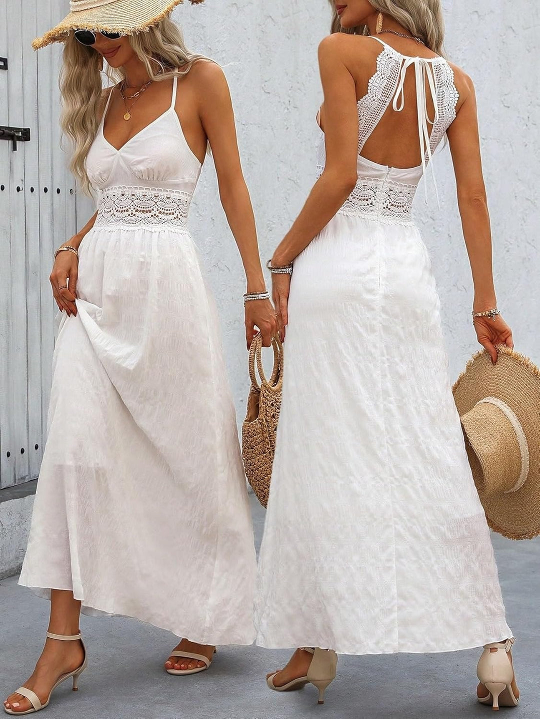 Lace Trim Cotton Blend Maxi Dress with Spaghetti Straps
