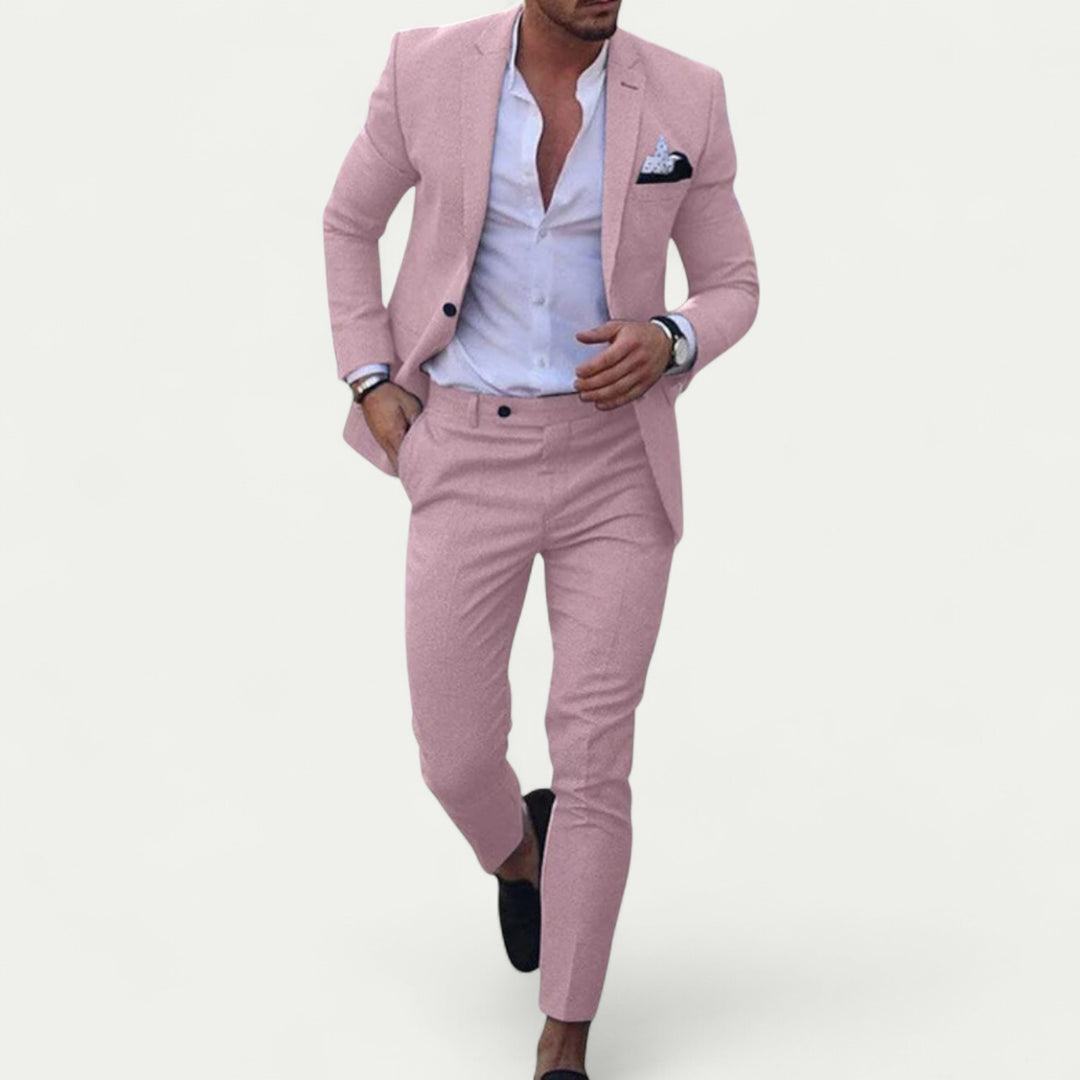 Men Linen Cotton Suit Two Piece Set Casual Smart Jacket Pants