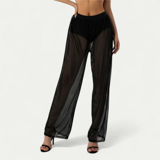 Women Mesh See Through Wide Leg Stretch Pants Black