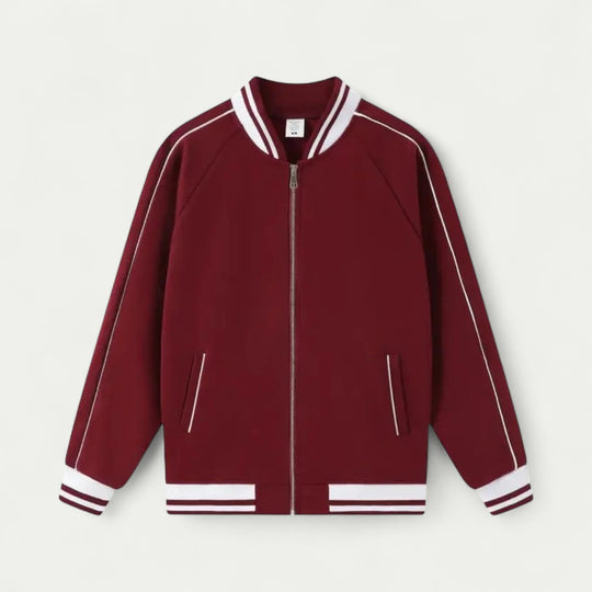 Cotton Blend Varsity Bomber Jacket with Striped Trim Detailing