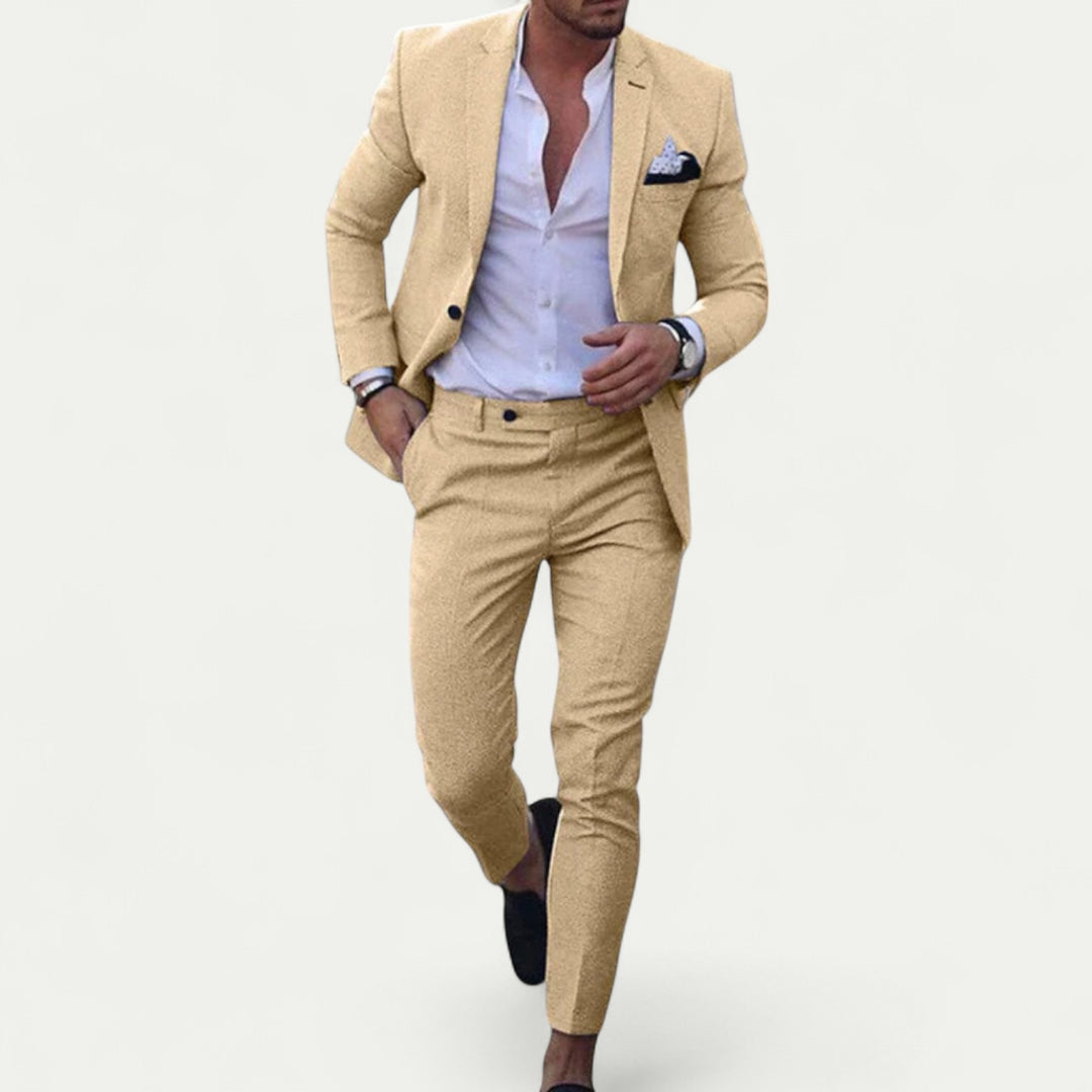 Men Linen Cotton Suit Two Piece Set Casual Smart Jacket Pants