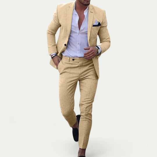 Men Linen Cotton Suit Two Piece Set Casual Smart Jacket Pants