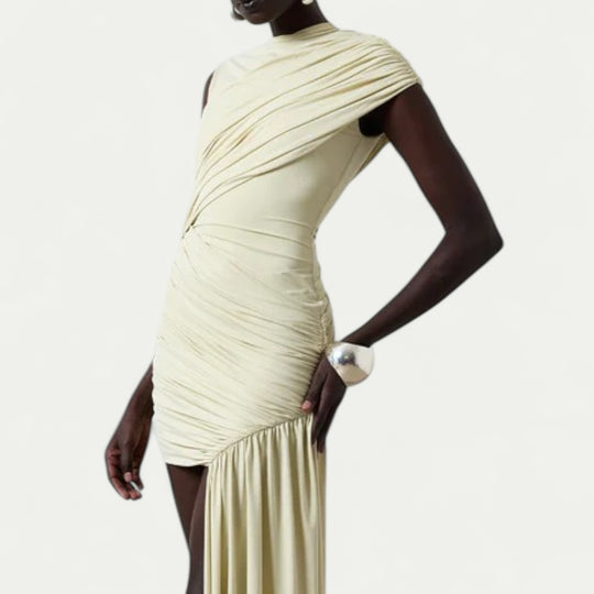 Asymmetric Ruched Mini Dress with Draped Skirt Panel