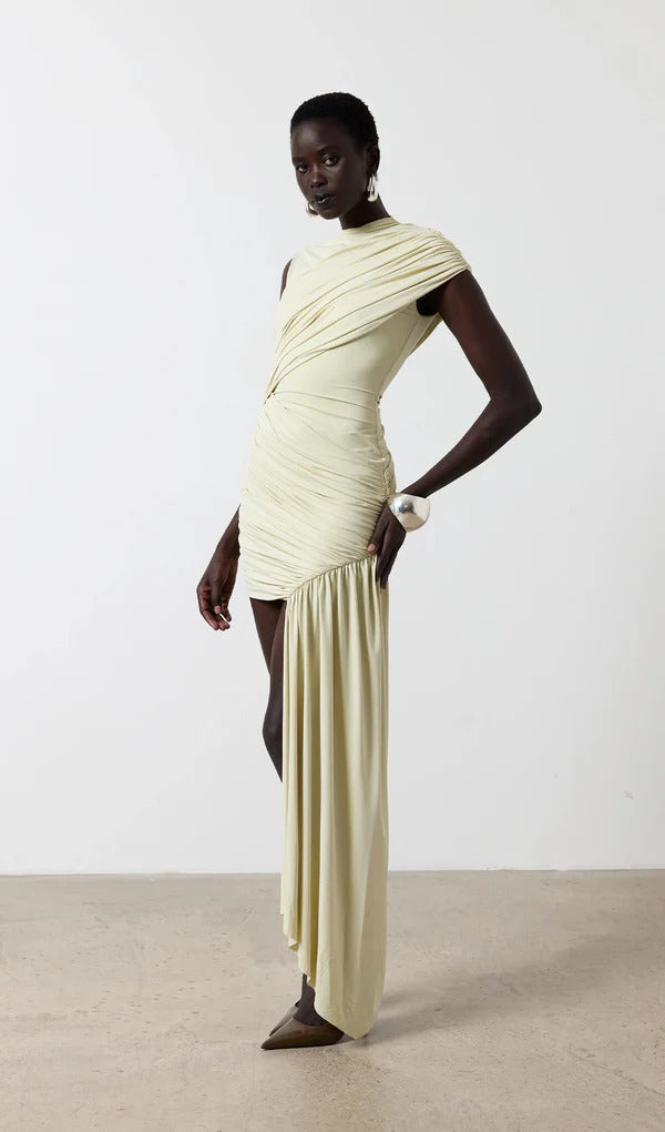 Asymmetric Ruched Mini Dress with Draped Skirt Panel