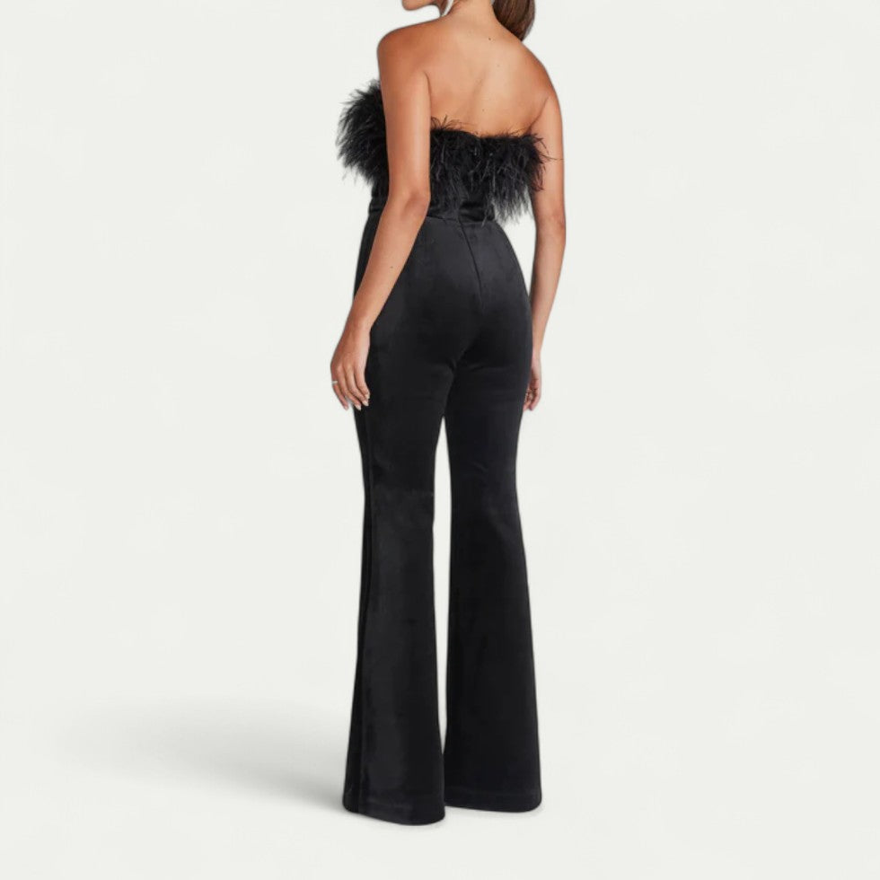 Feather Trim Bandeau Jumpsuit for Modern Evening Glamour