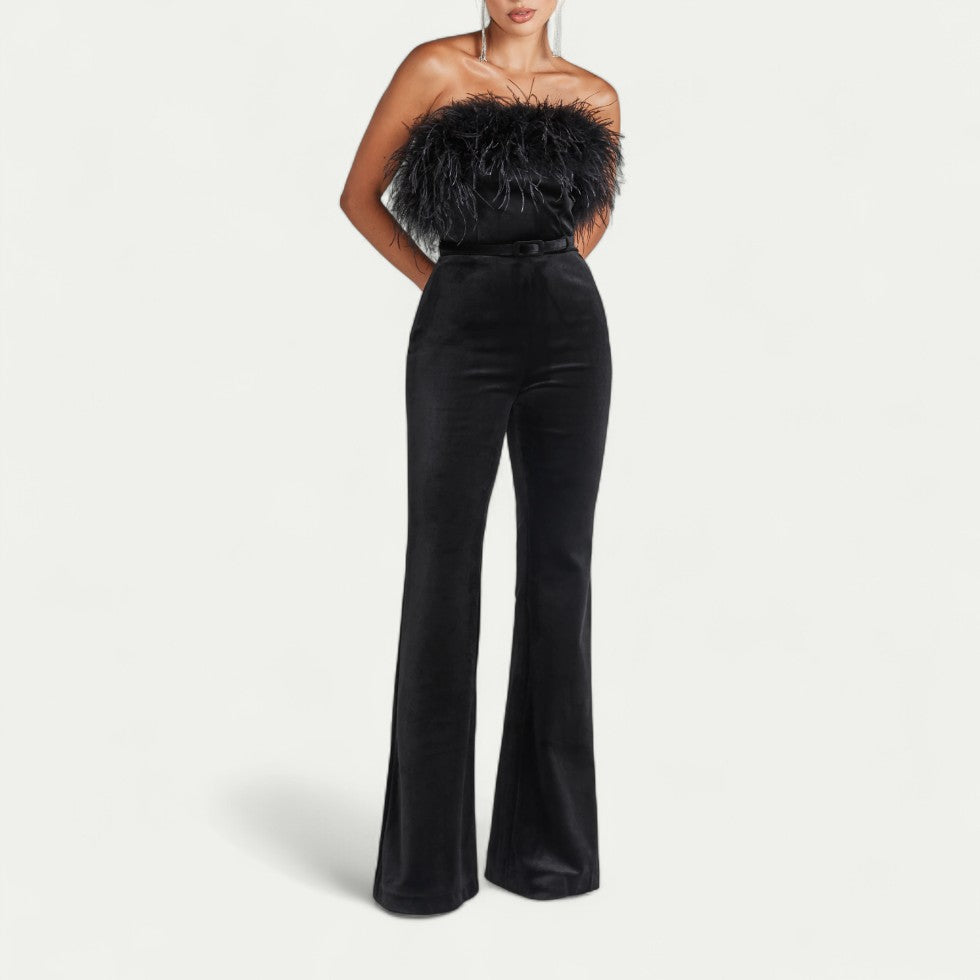 Feather Trim Bandeau Jumpsuit for Modern Evening Glamour