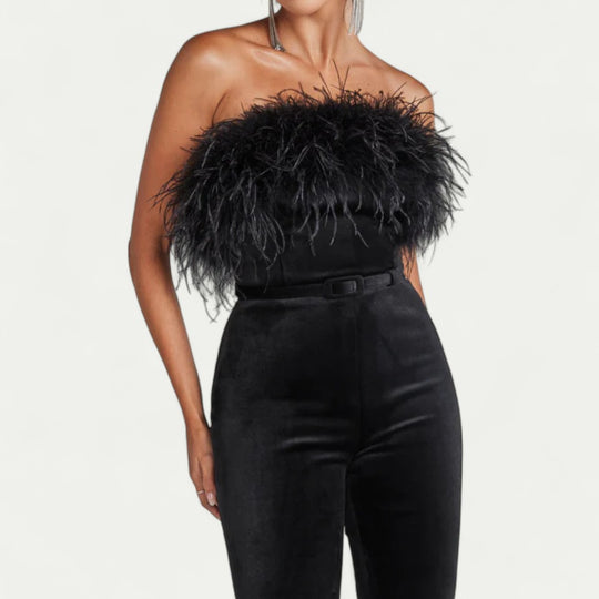 Feather Trim Bandeau Jumpsuit for Modern Evening Glamour
