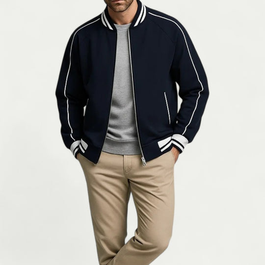 Cotton Blend Varsity Bomber Jacket with Striped Trim Detailing