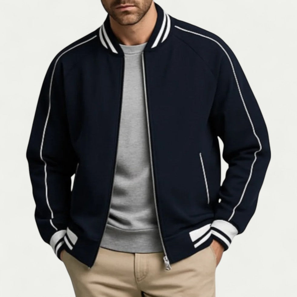 Cotton Blend Varsity Bomber Jacket with Striped Trim Detailing