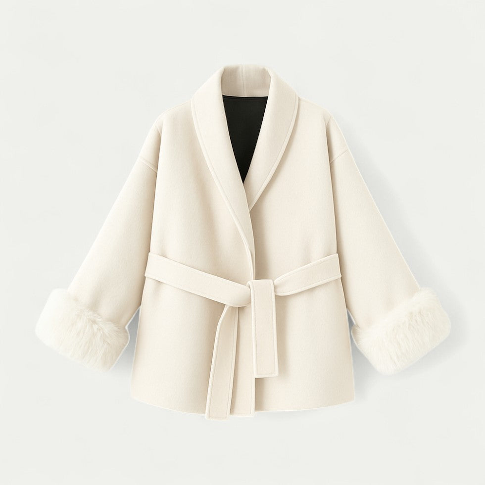 Belted Faux Fur Cuff Short Coat for Women