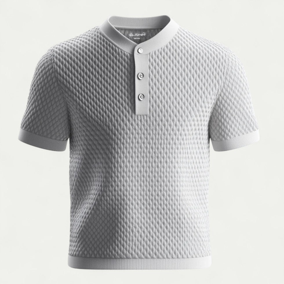 Knitted Short Sleeve Polo Shirt with Textured Weave Design