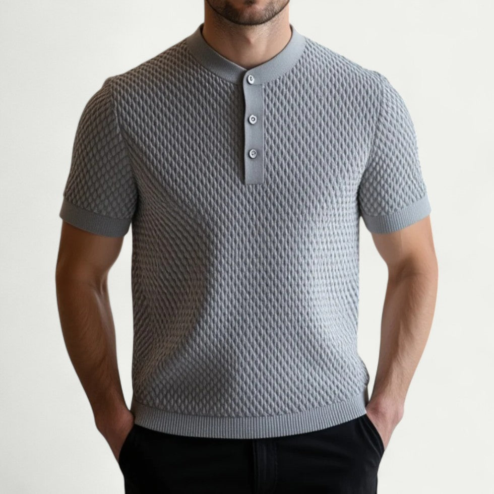 Knitted Short Sleeve Polo Shirt with Textured Weave Design
