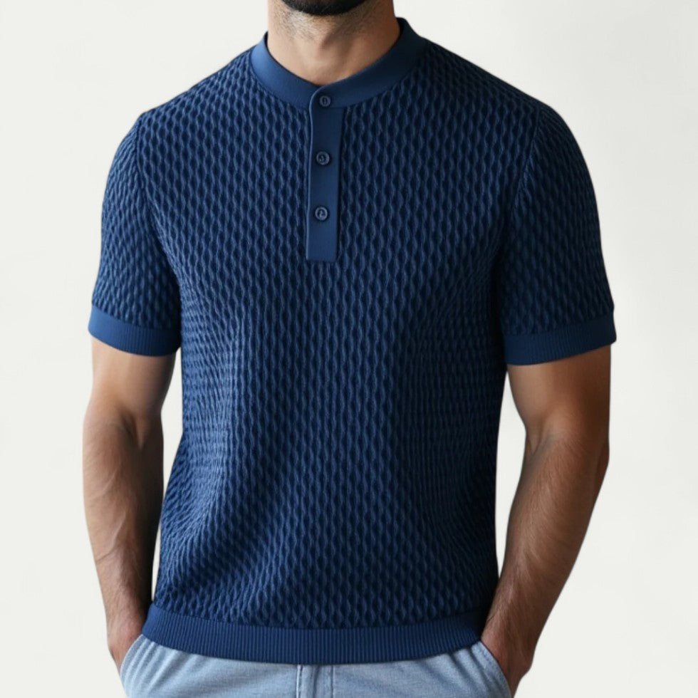 Knitted Short Sleeve Polo Shirt with Textured Weave Design
