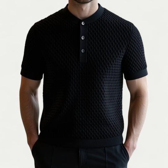 Knitted Short Sleeve Polo Shirt with Textured Weave Design