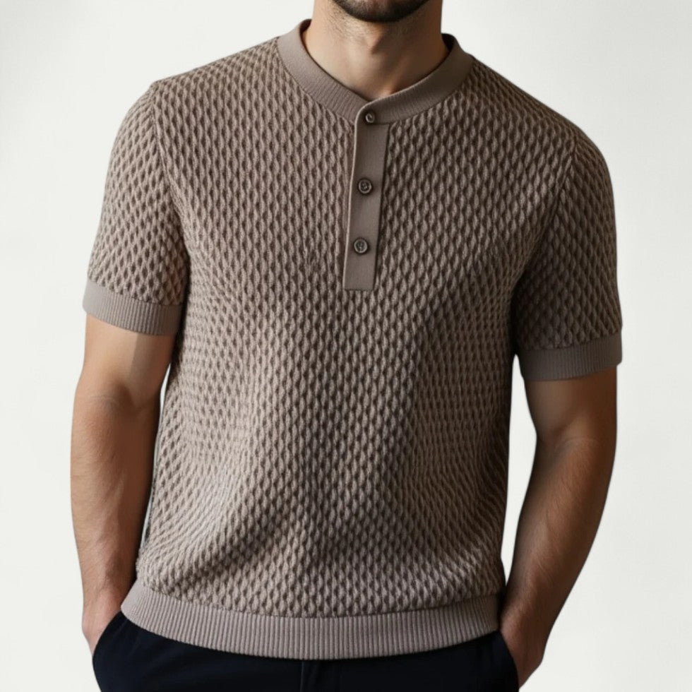 Knitted Short Sleeve Polo Shirt with Textured Weave Design
