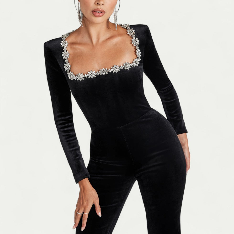 Embellished Velvet Jumpsuit with Long Sleeves and Flared Legs