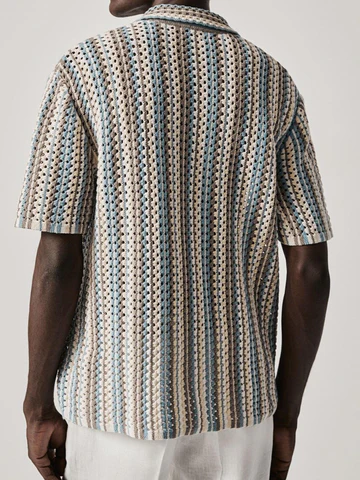 Cotton Blend Crochet Knit Shirt with Retro Stripe Detailing