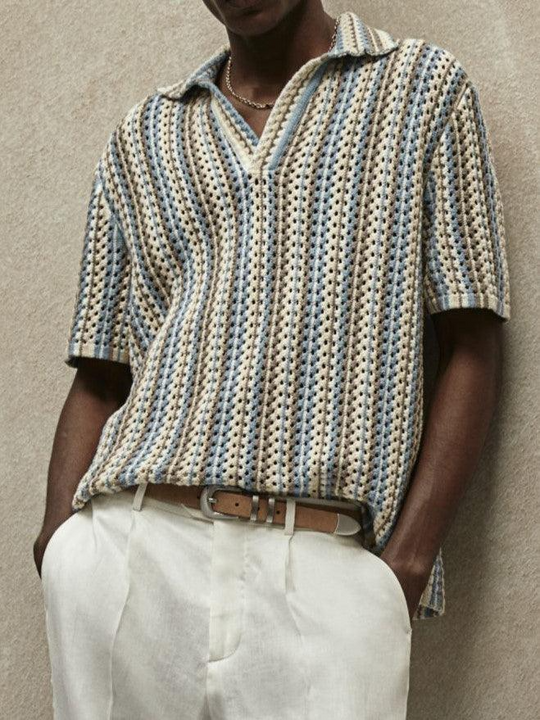 Cotton Blend Crochet Knit Shirt with Retro Stripe Detailing