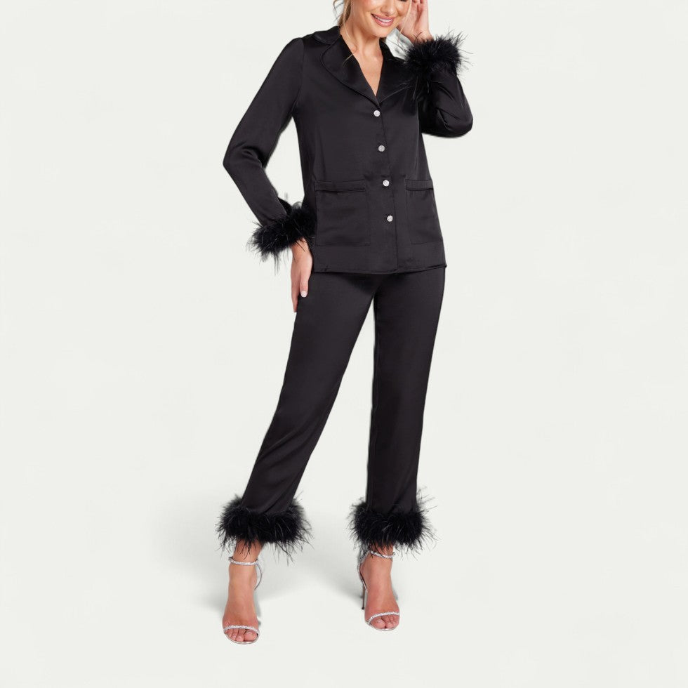 Feather Trim Satin Pyjama Set for Luxe Lounge Moments